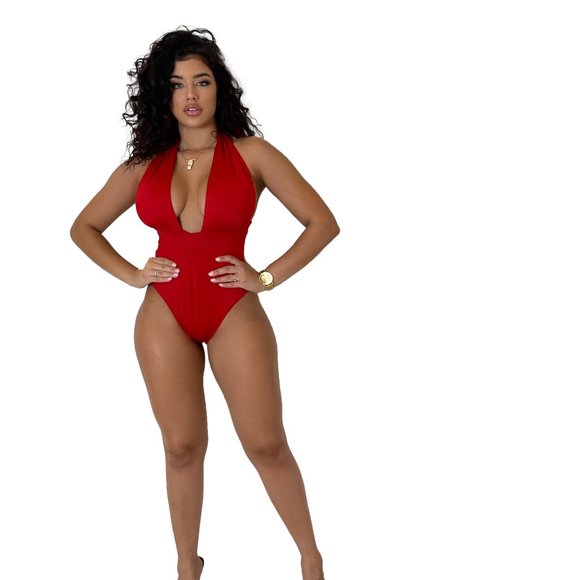 One Piece Solid Red Swimsuit - Picture 1 of 6